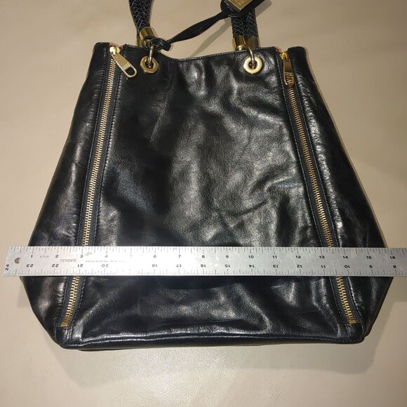 Badgley Mischka Expandable Black Leather Bucket Bag Tote Shopper Mayra Shine - Picture 5 of 16